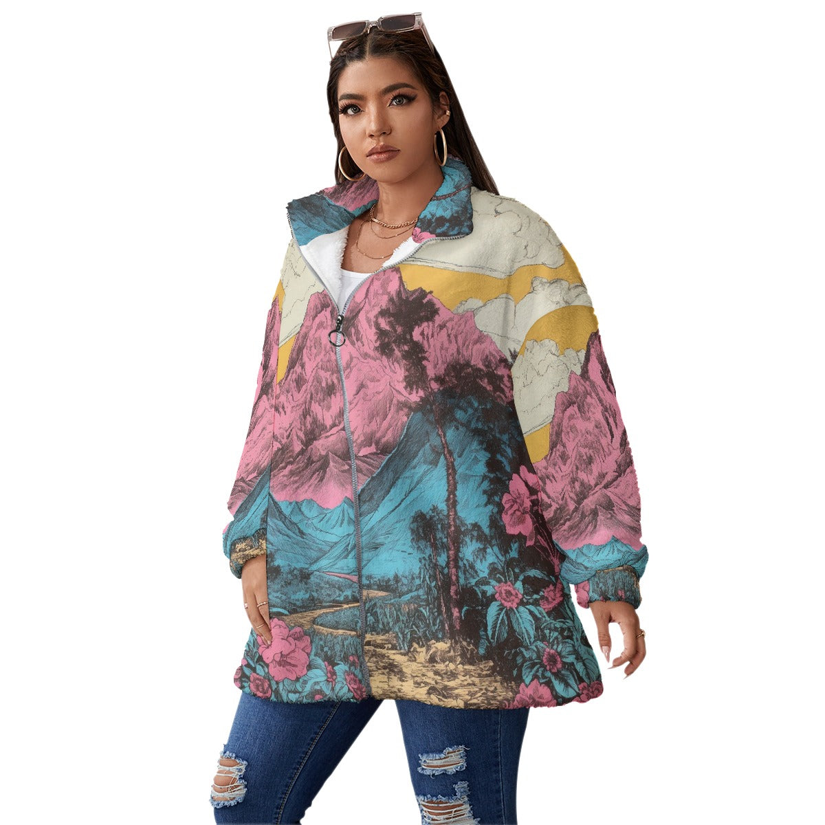 All-Over Print Unisex Borg Fleece Stand-up Collar Coat With Zipper Closure(Plus Size)