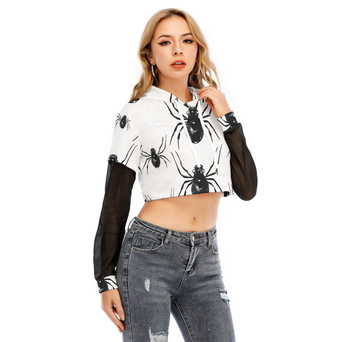 All-Over Print Women's Fake Two-piece Mesh Sleeve Cropped Hoodie