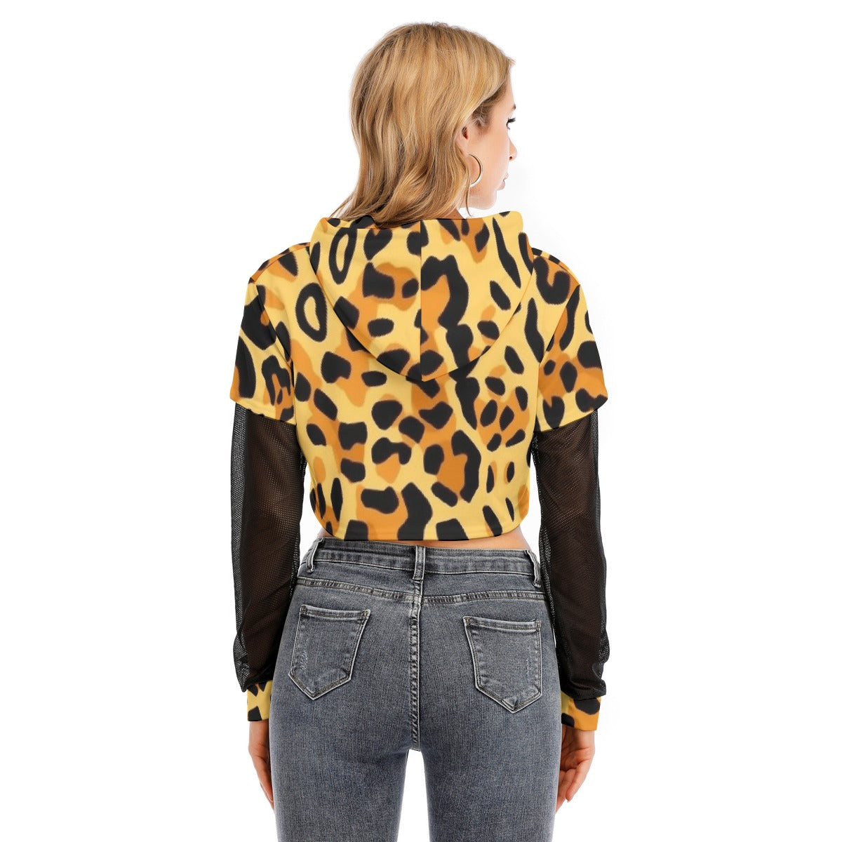 All-Over Print Women's Fake Two-piece Mesh Sleeve Cropped Hoodie