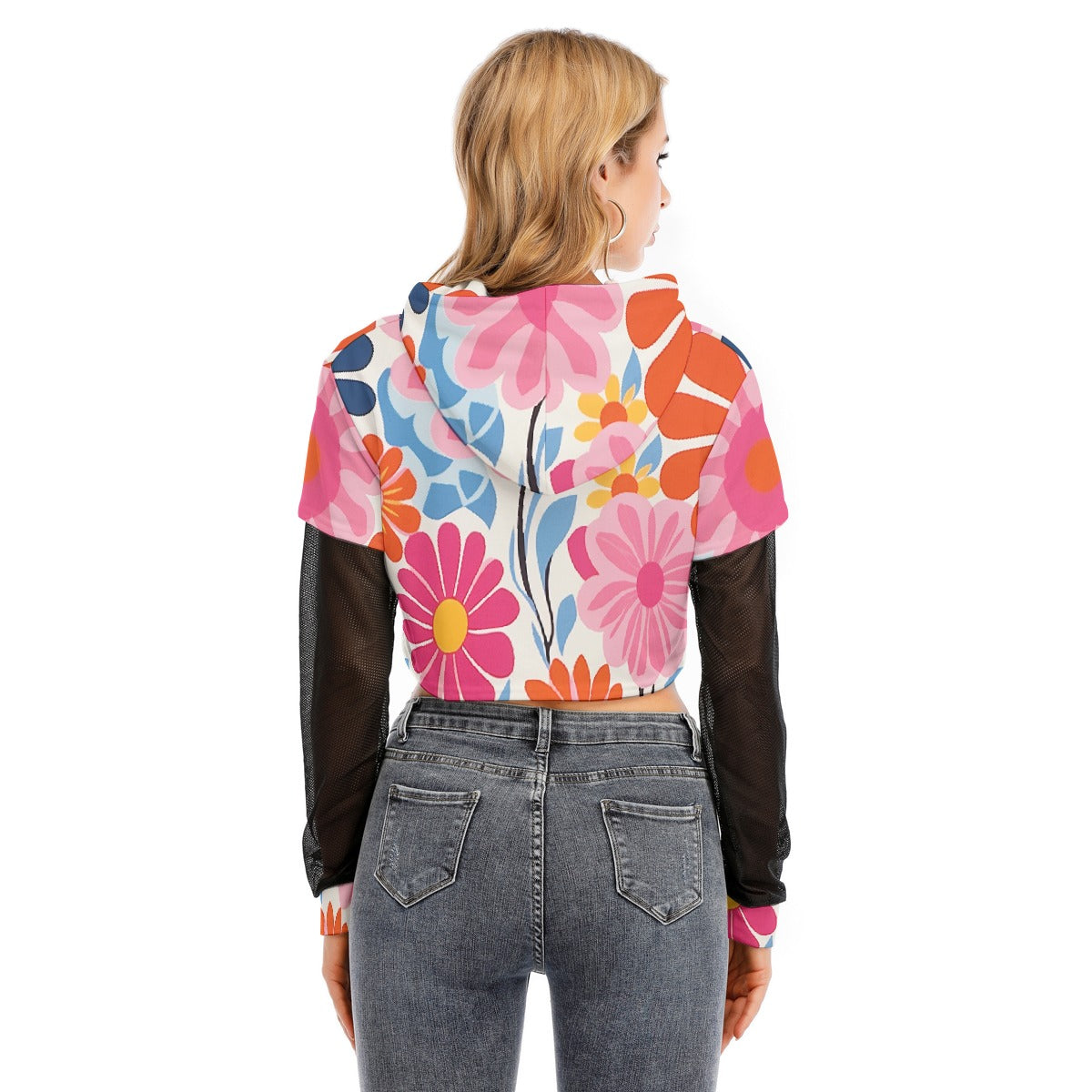 All-Over Print Women's Fake Two-piece Mesh Sleeve Cropped Hoodie