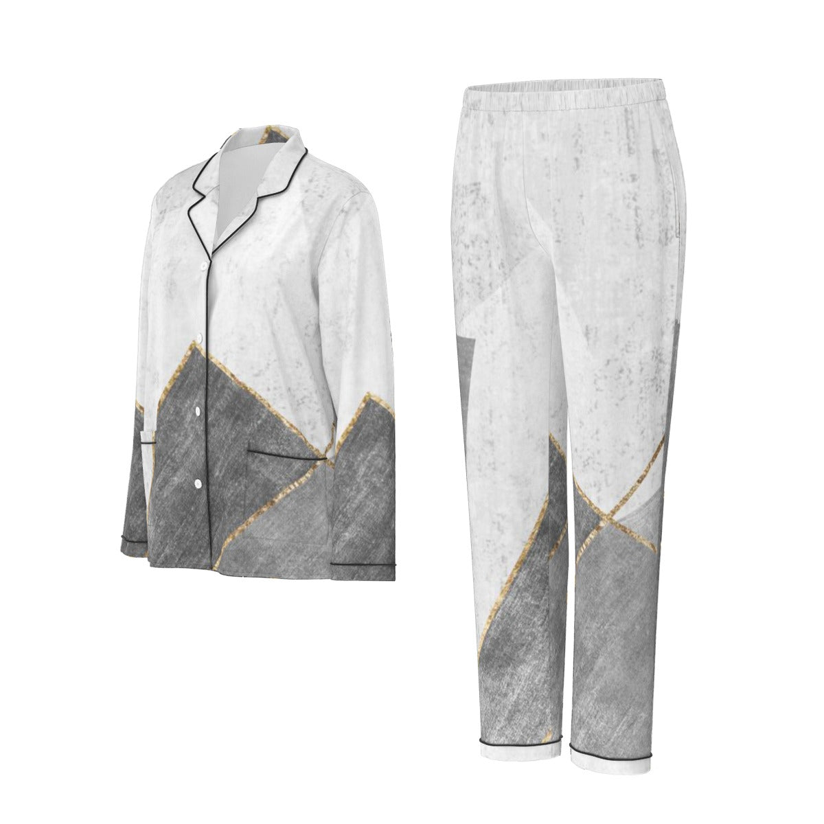 All-Over Print Women's Long Sleeve Pajama Set With Black Contrast Piping