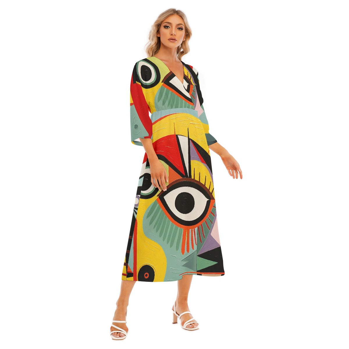 All-Over Print Women's Mid-Sleeve Long Dress