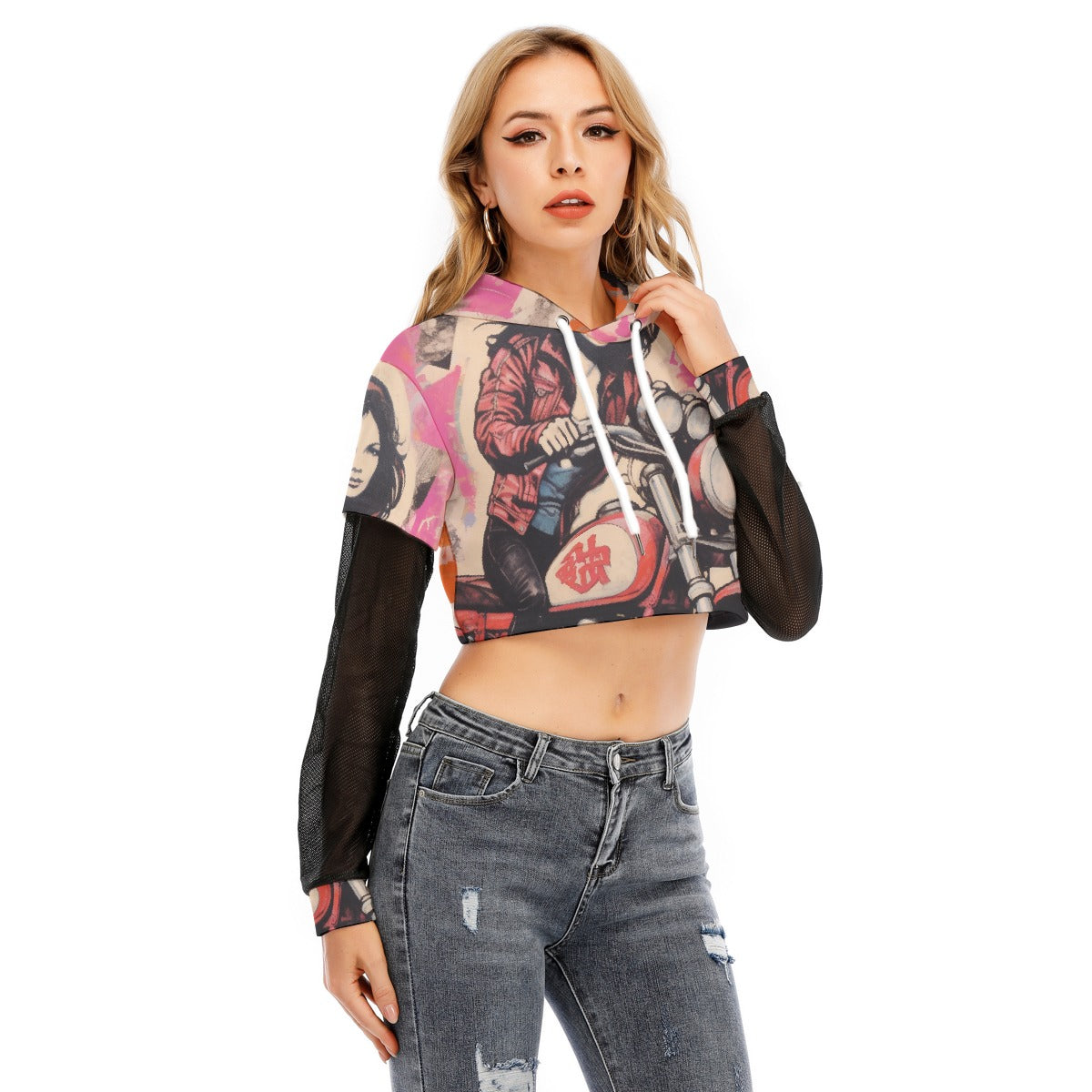 All-Over Print Women's Fake Two-piece Mesh Sleeve Cropped Hoodie