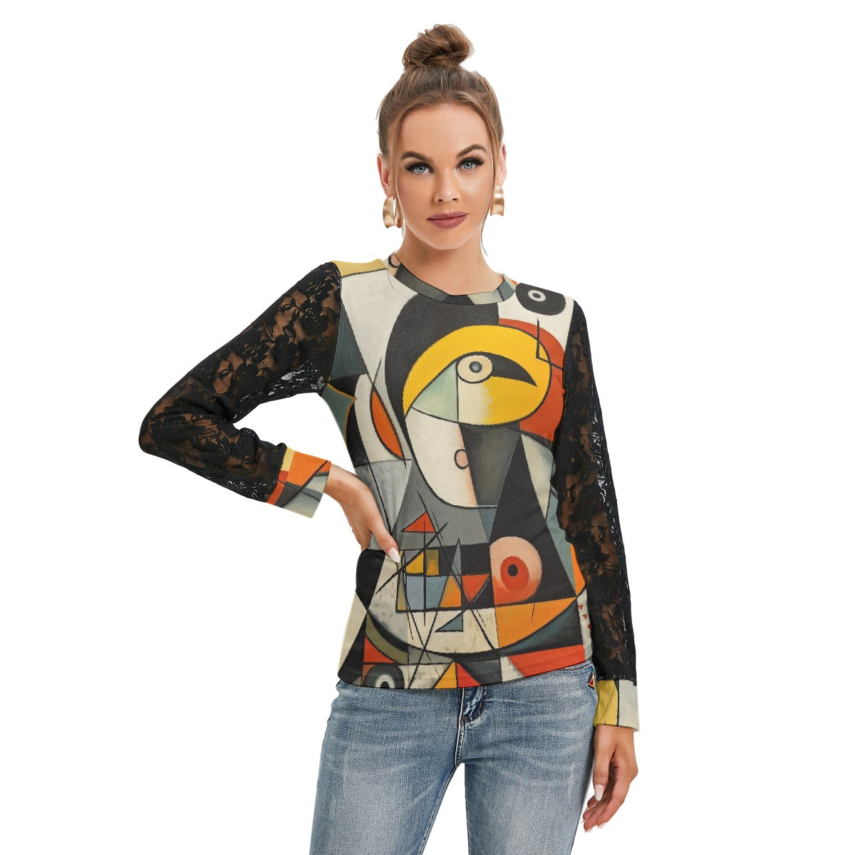 All-Over Print Women's T-shirt And Sleeve With Black Lace