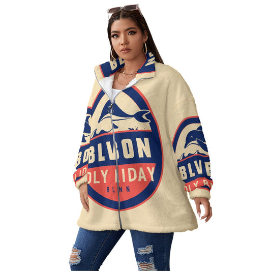 All-Over Print Unisex Borg Fleece Stand-up Collar Coat With Zipper Closure(Plus Size)