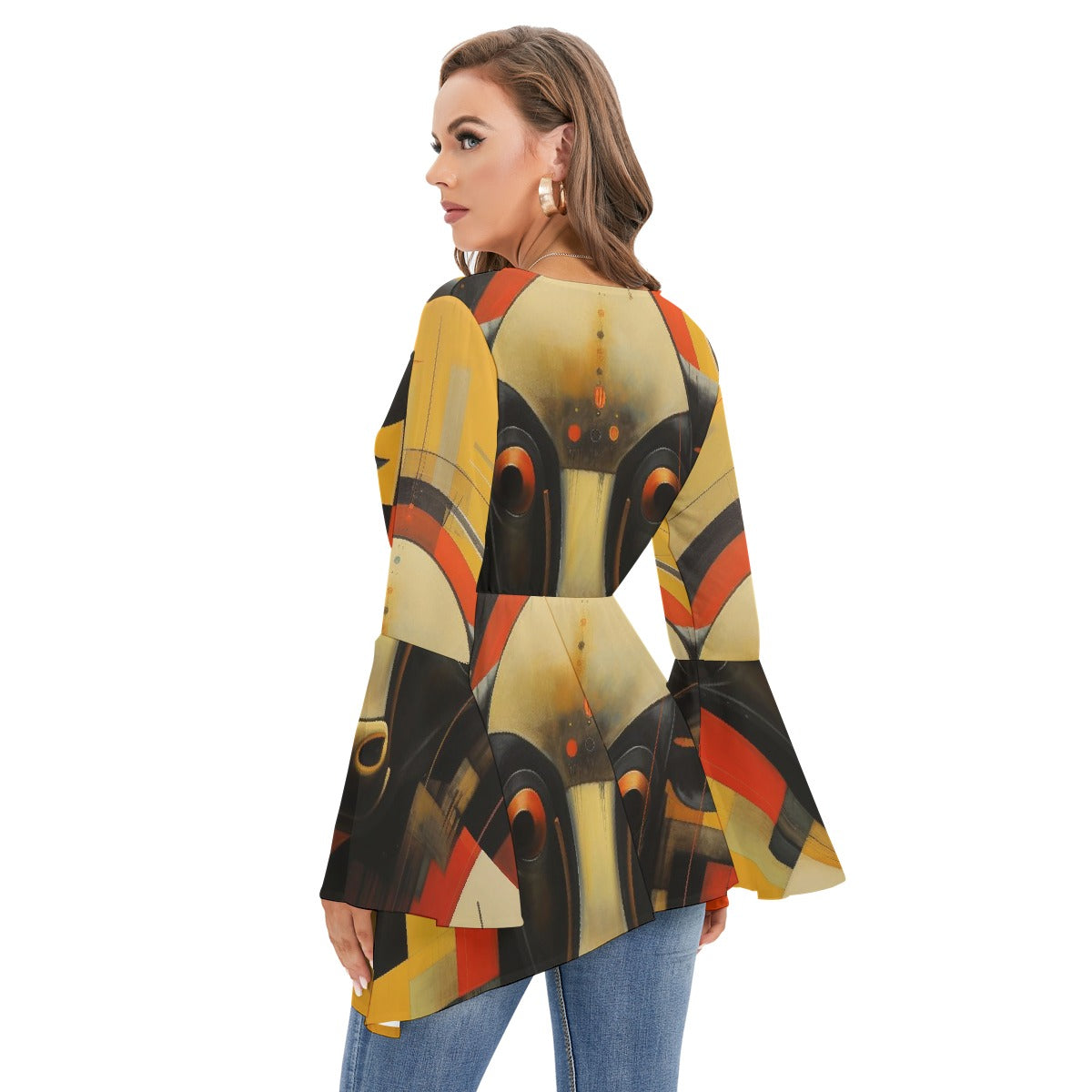All-Over Print Women's V-neck Blouse With Flared Sleeves