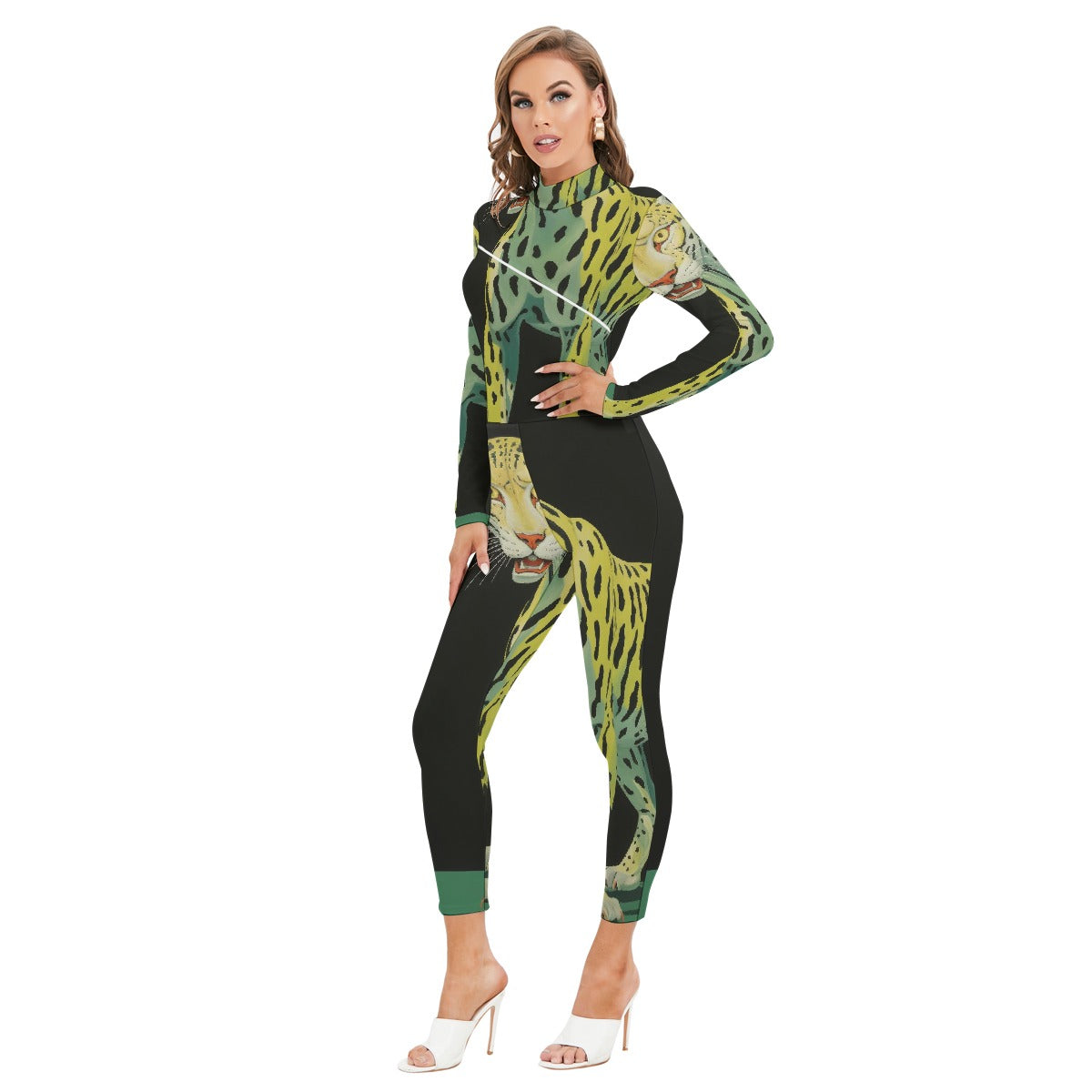 All-Over Print Women's Long-sleeved High-neck Jumpsuit With Zipper