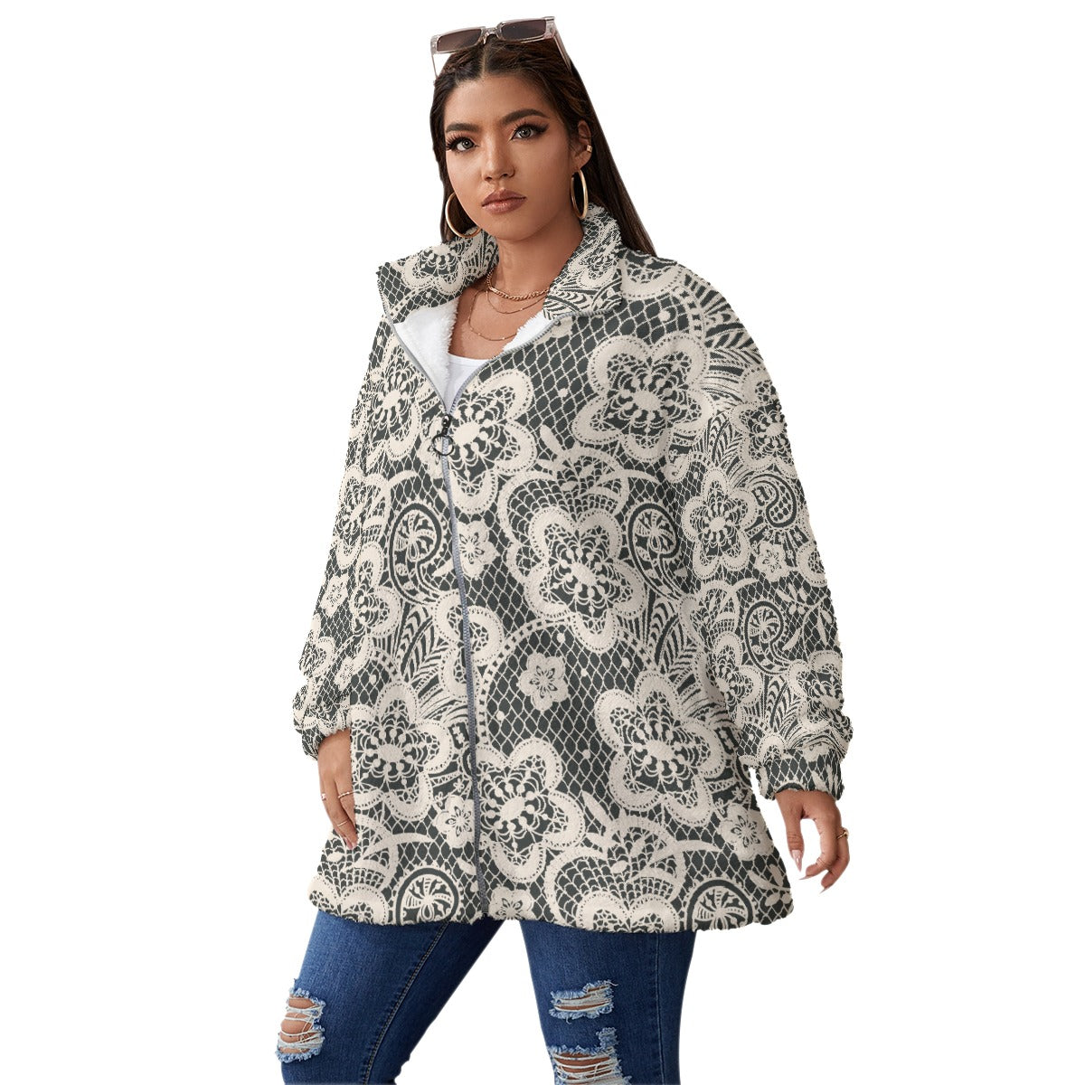 All-Over Print Unisex Borg Fleece Stand-up Collar Coat With Zipper Closure(Plus Size)