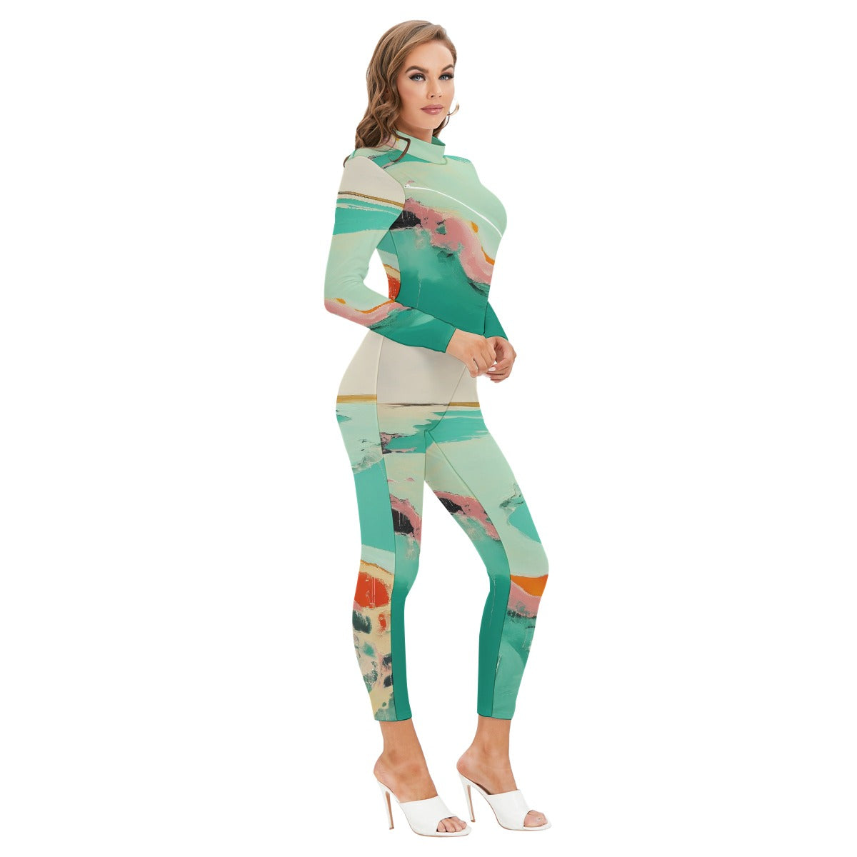 All-Over Print Women's Long-sleeved High-neck Jumpsuit With Zipper