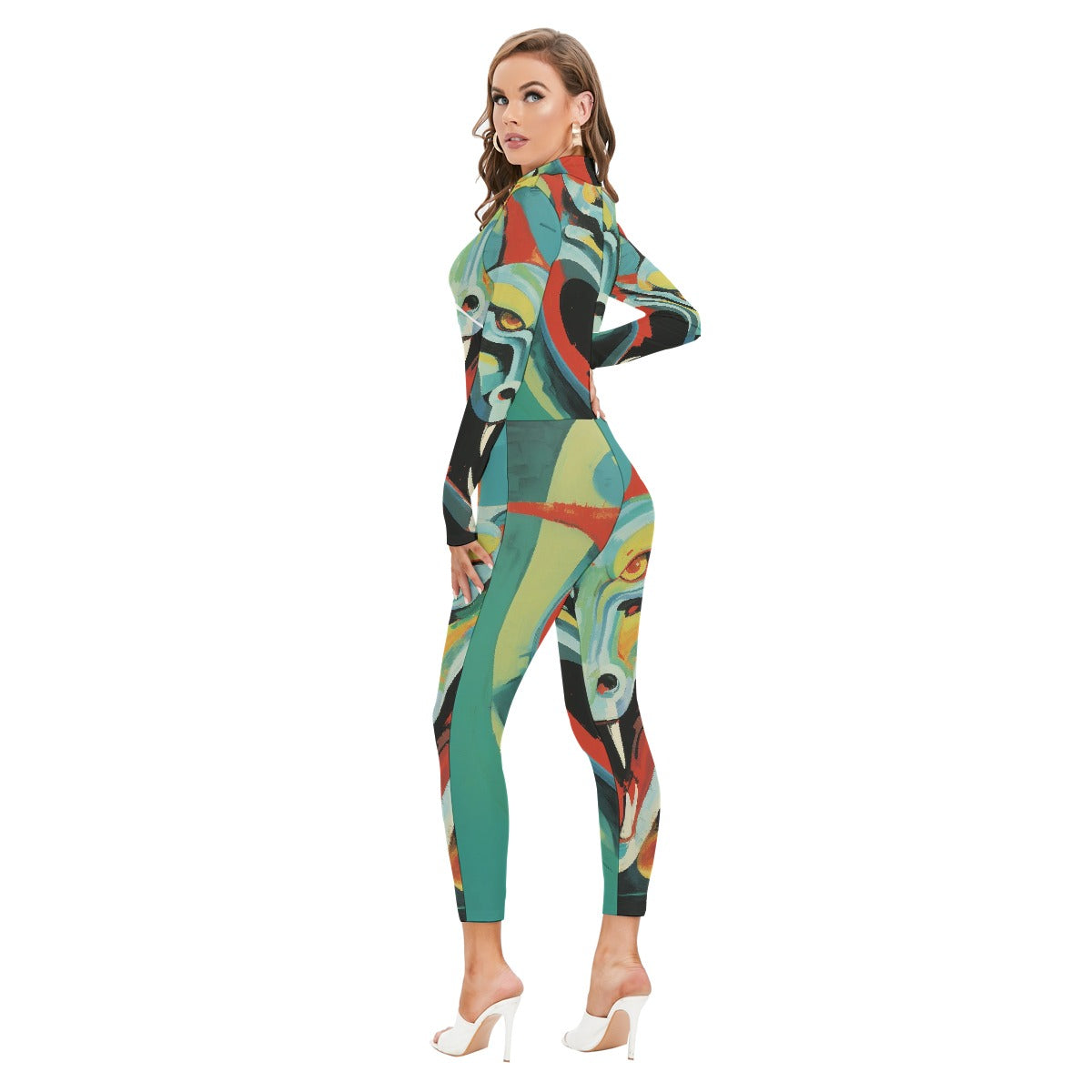All-Over Print Women's Long-sleeved High-neck Jumpsuit With Zipper