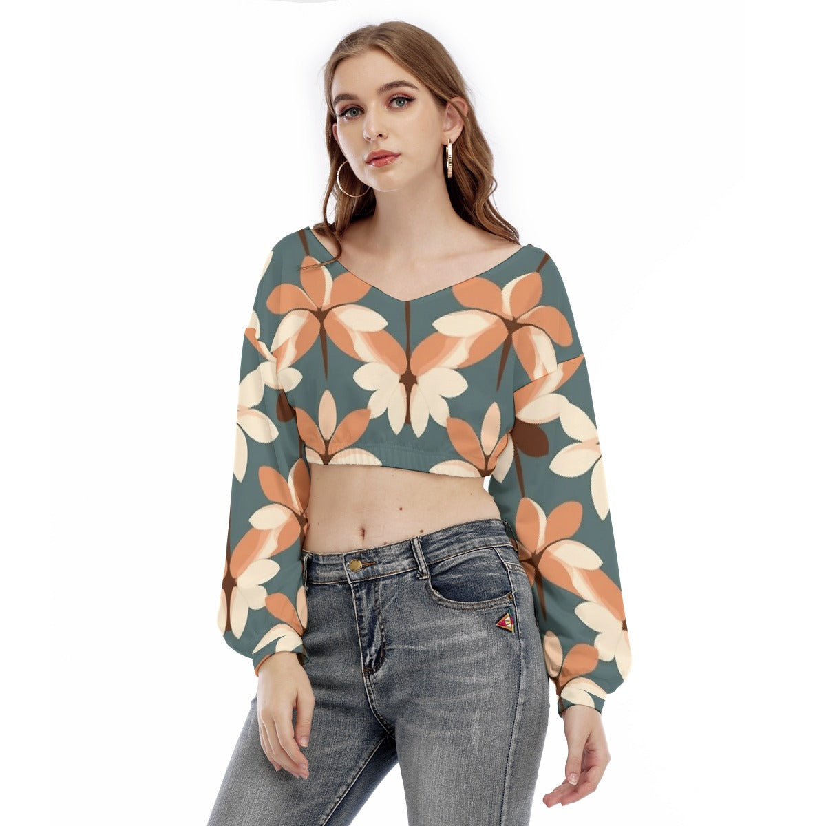 All-Over Print Women's V-neck Long Sleeve Cropped Sweatshirt