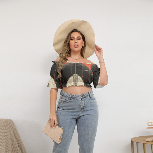 All-Over Print Women's Off-shoulder Cropped Top With Short Puff Sleeve