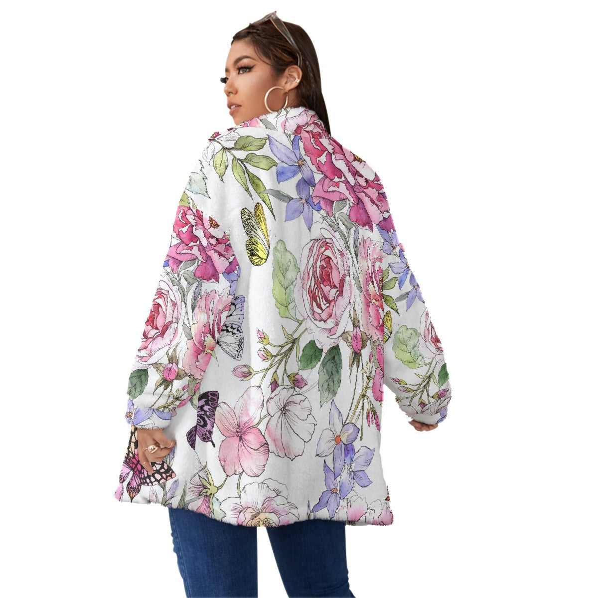 All-Over Print Unisex Borg Fleece Stand-up Collar Coat With Zipper Closure(Plus Size)