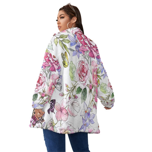 All-Over Print Unisex Borg Fleece Stand-up Collar Coat With Zipper Closure(Plus Size)