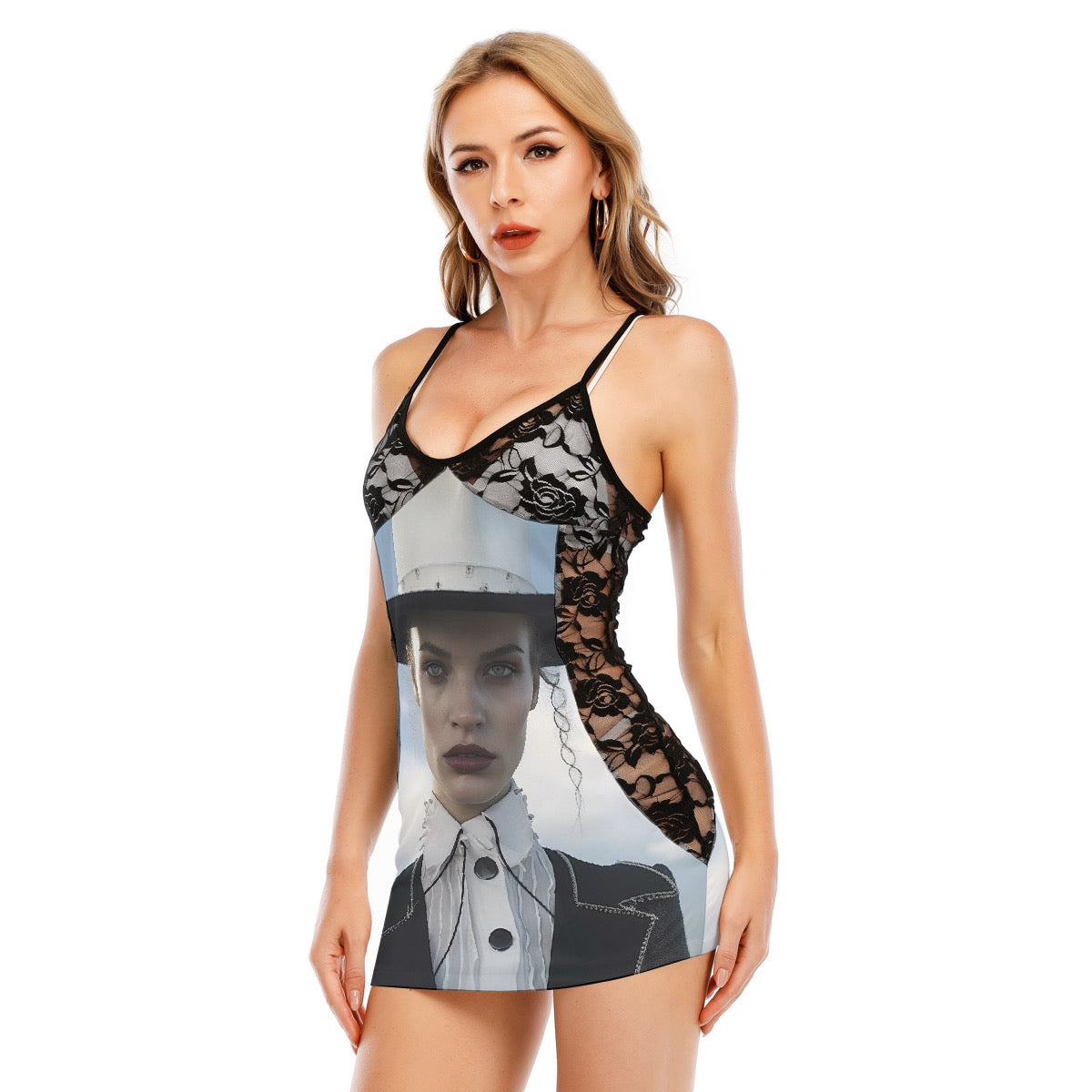 All-Over Print Women's Black Lace Cami Dress