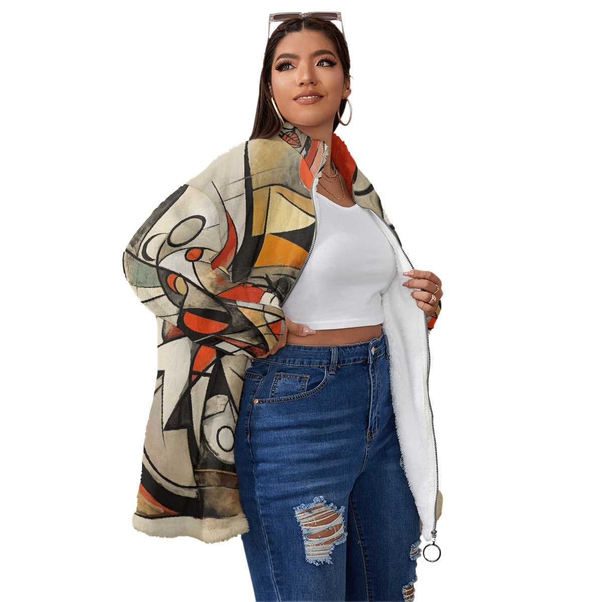 All-Over Print Unisex Borg Fleece Stand-up Collar Coat With Zipper Closure(Plus Size)