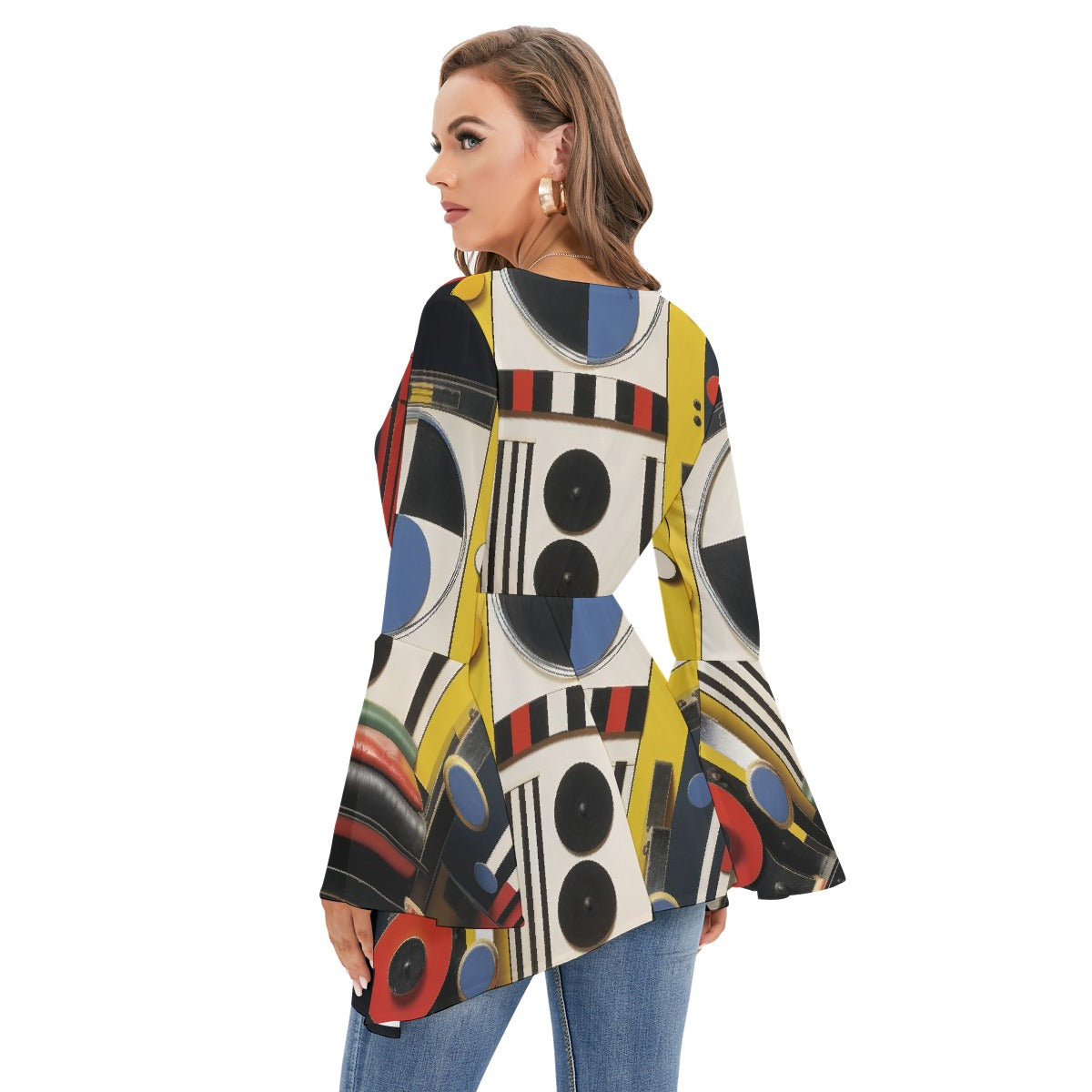 All-Over Print Women's V-neck Blouse With Flared Sleeves