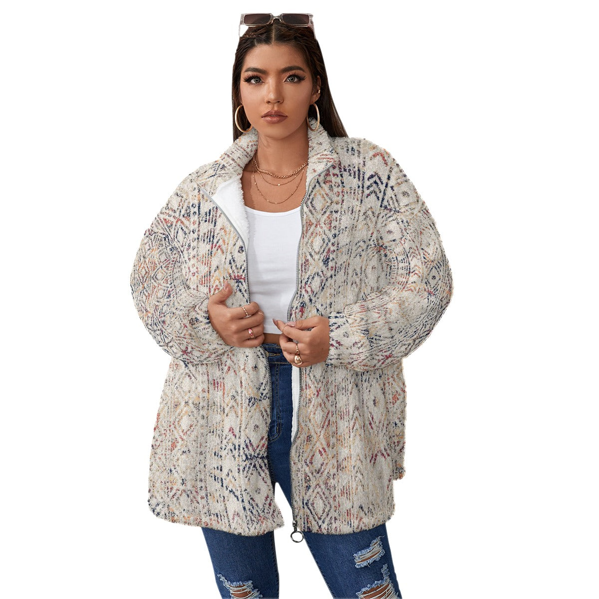 All-Over Print Unisex Borg Fleece Stand-up Collar Coat With Zipper Closure(Plus Size)