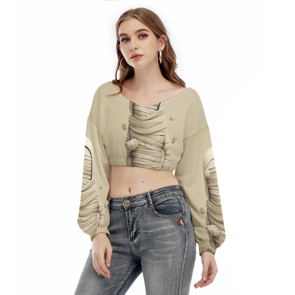 All-Over Print Women's V-neck Long Sleeve Cropped Sweatshirt