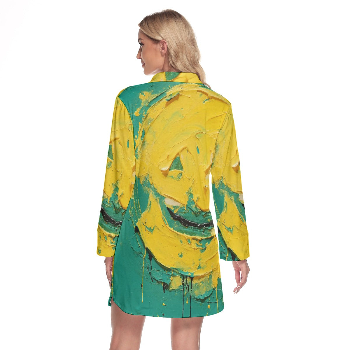 All-Over Print Women's Lapel Shirt Dress With Long Sleeve