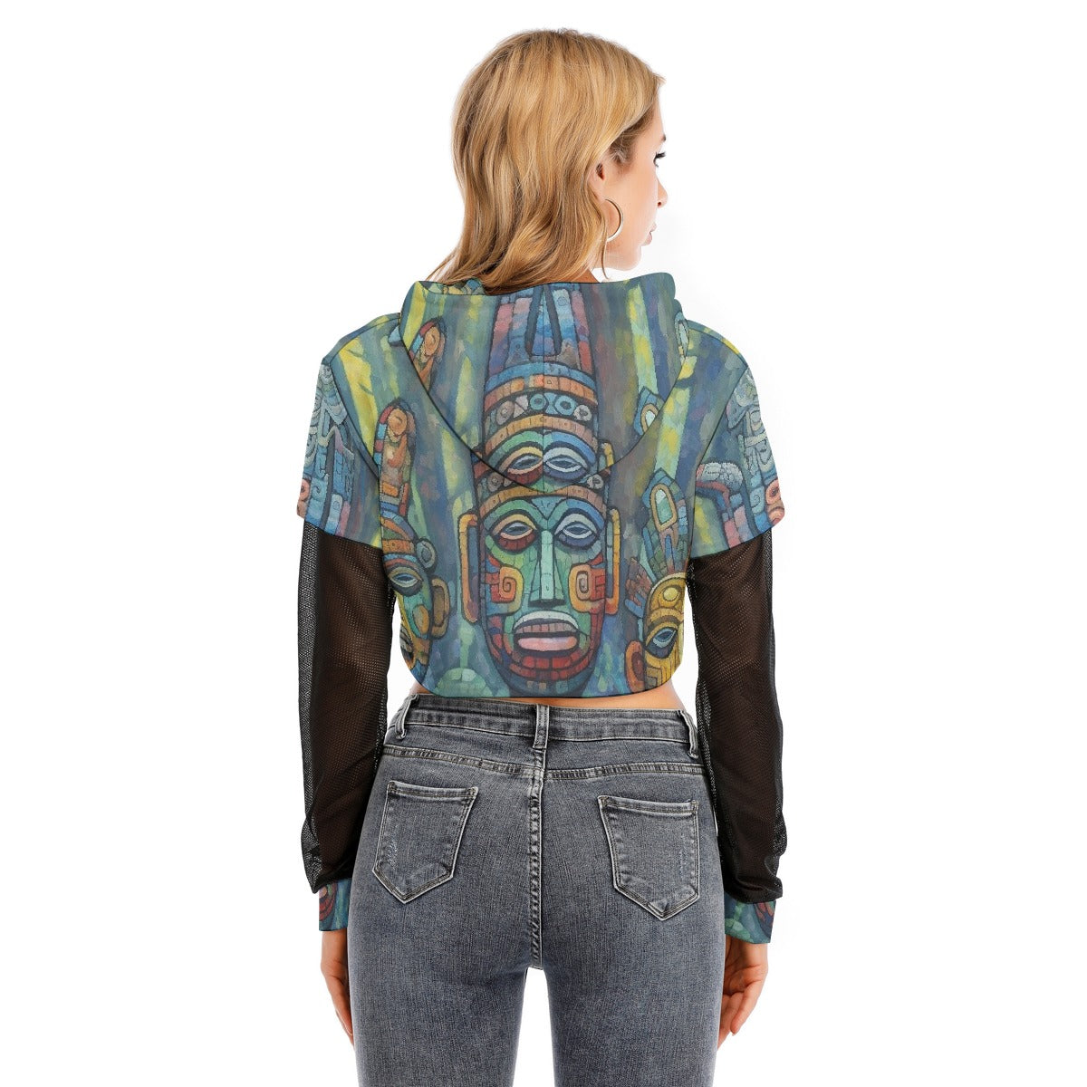 All-Over Print Women's Fake Two-piece Mesh Sleeve Cropped Hoodie