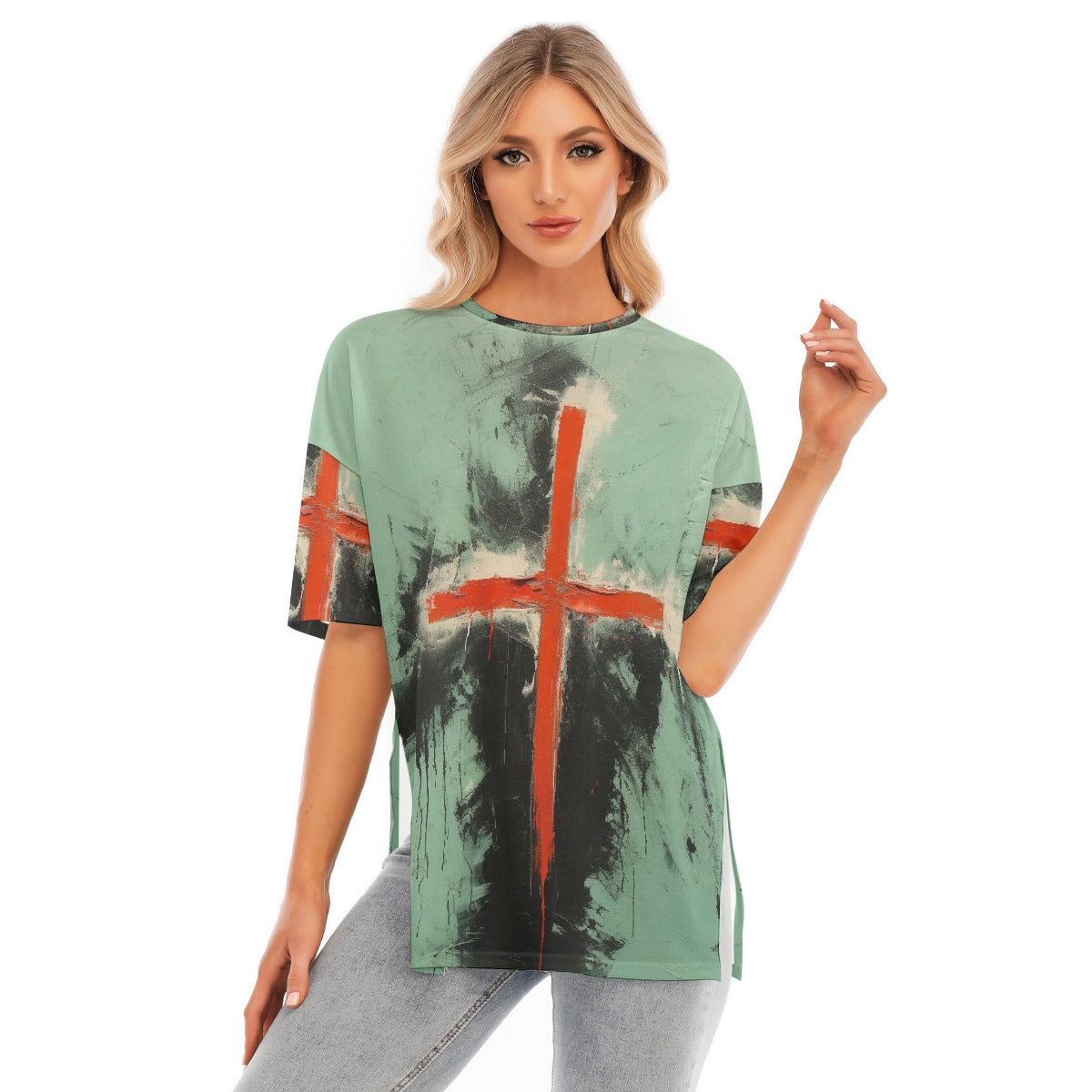 All-Over Print Women's Short Sleeves T-shirt With Hem Split