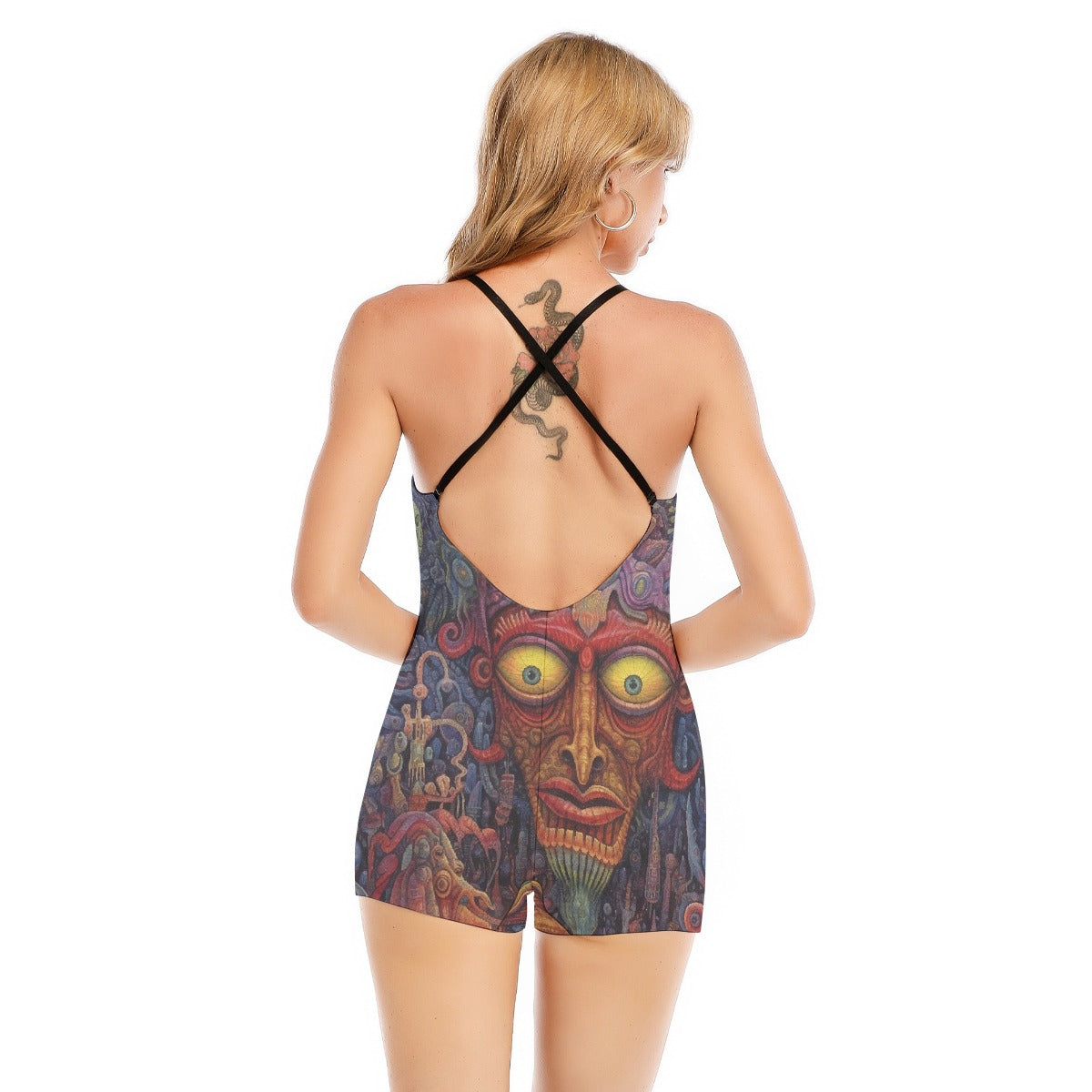 All-Over Print Women's Backless Romper With Black Straps