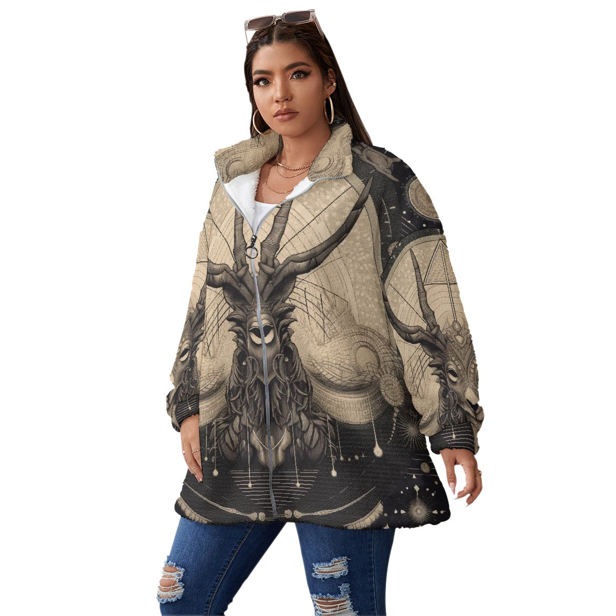 All-Over Print Unisex Borg Fleece Stand-up Collar Coat With Zipper Closure(Plus Size)