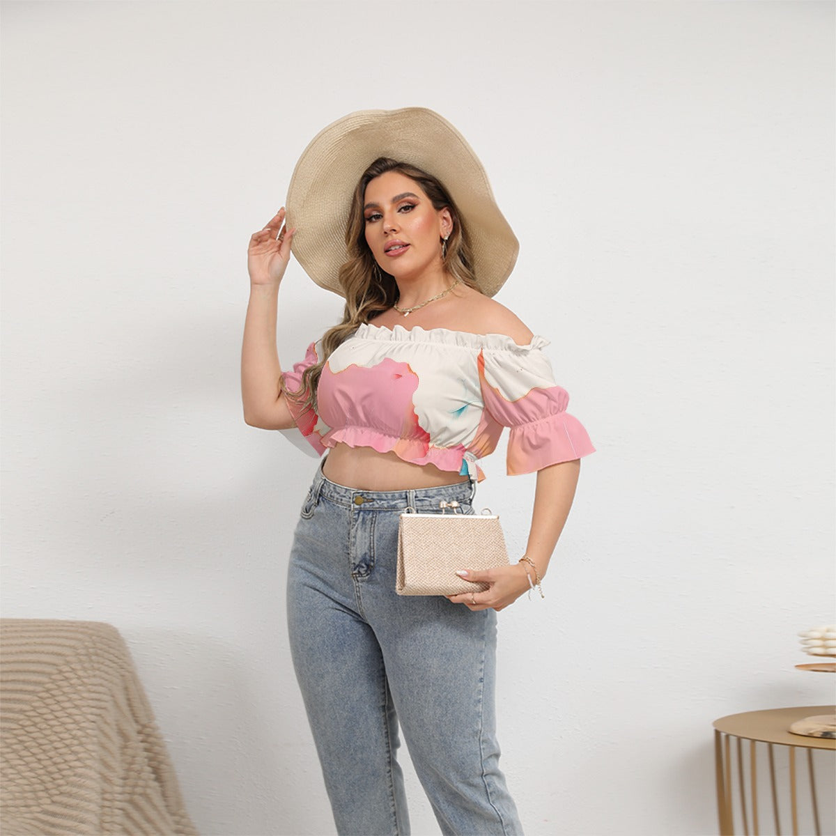All-Over Print Women's Off-shoulder Cropped Top With Short Puff Sleeve