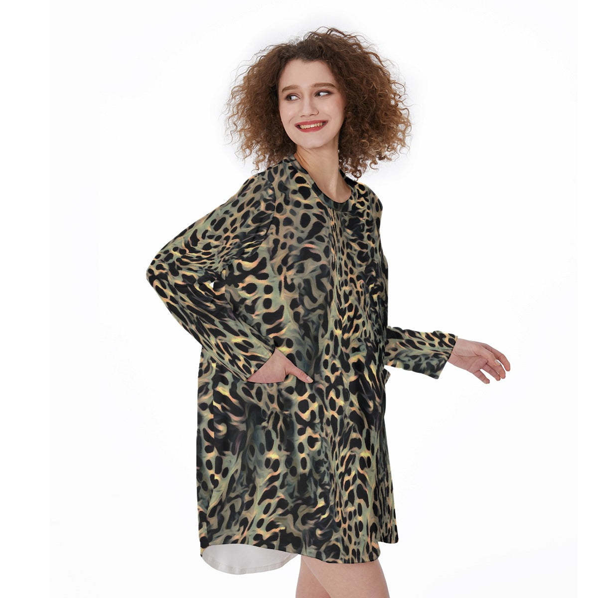 All-Over Print Women's Casual Loose Long Sleeve Dress With Pocket