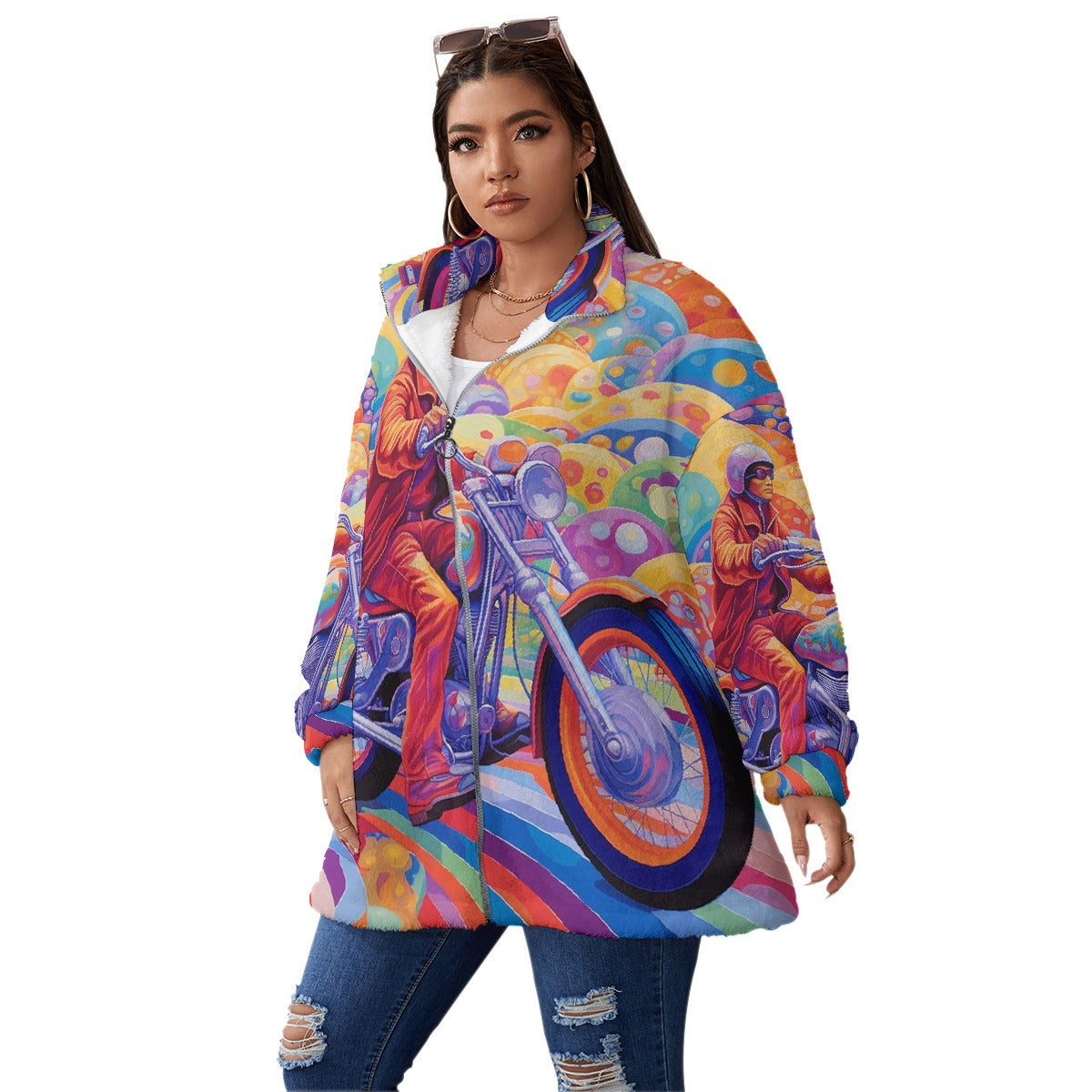 All-Over Print Unisex Borg Fleece Stand-up Collar Coat With Zipper Closure(Plus Size)