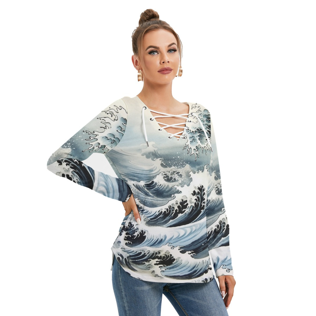 All-Over Print Women's Long Sleeve Neckline Tie Sweatshirt