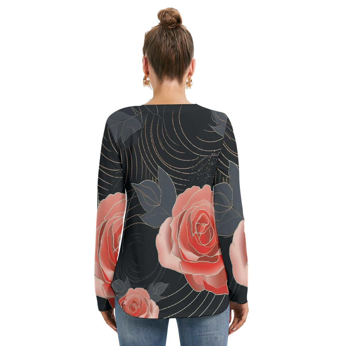 All-Over Print Women's Long Sleeve Neckline Tie Sweatshirt