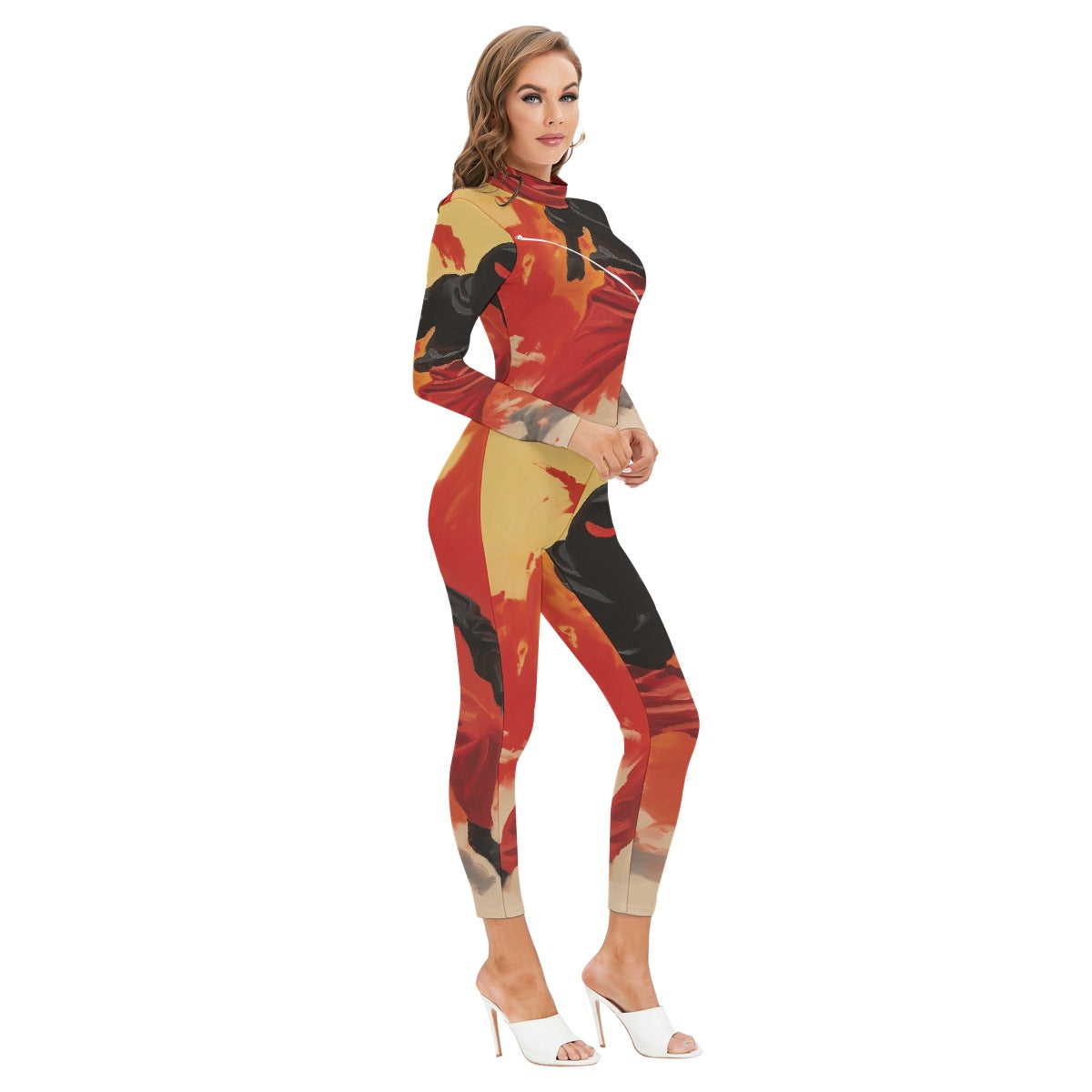 All-Over Print Women's Long-sleeved High-neck Jumpsuit With Zipper