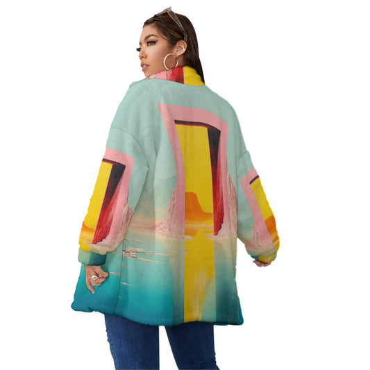 All-Over Print Unisex Borg Fleece Stand-up Collar Coat With Zipper Closure(Plus Size)