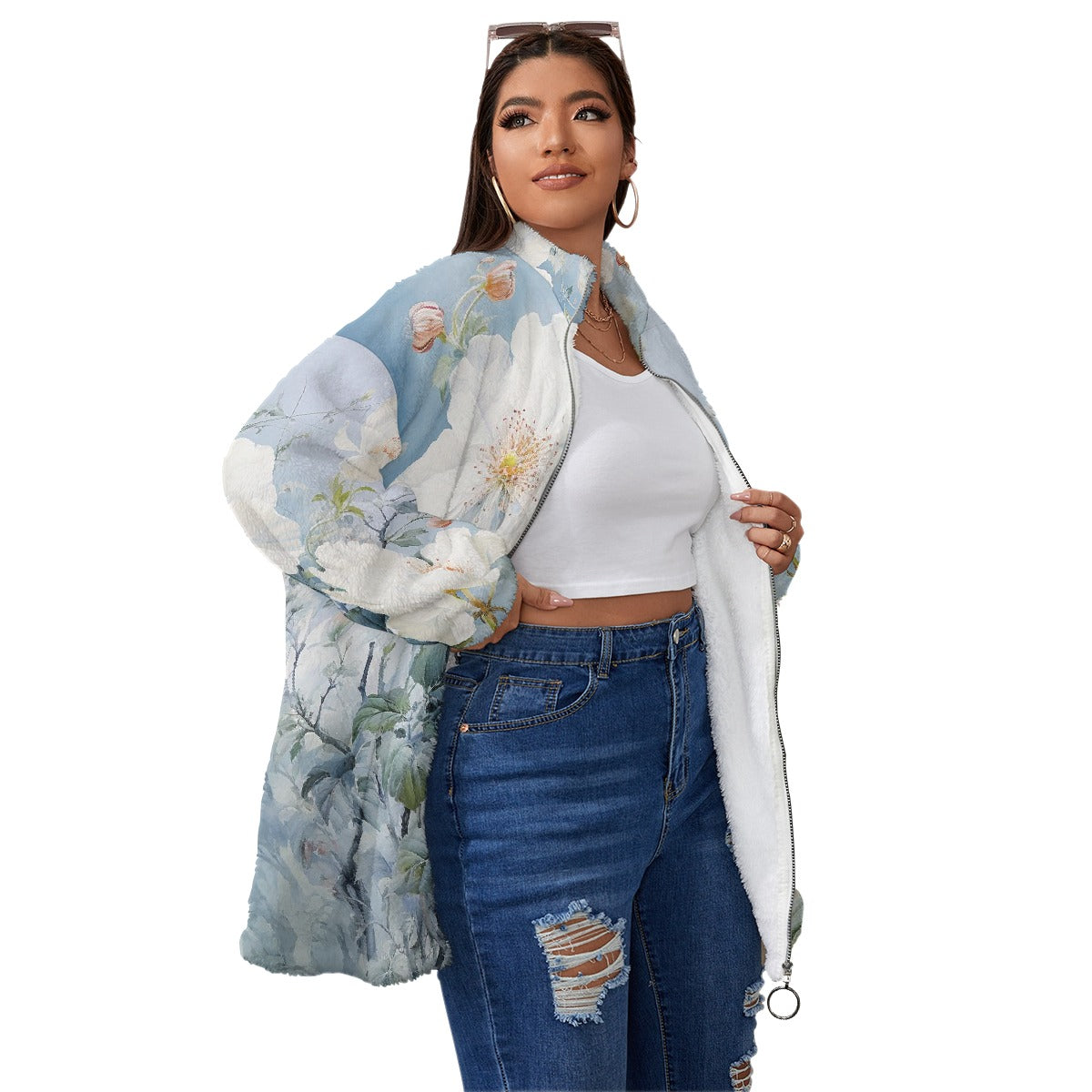 All-Over Print Unisex Borg Fleece Stand-up Collar Coat With Zipper Closure(Plus Size)