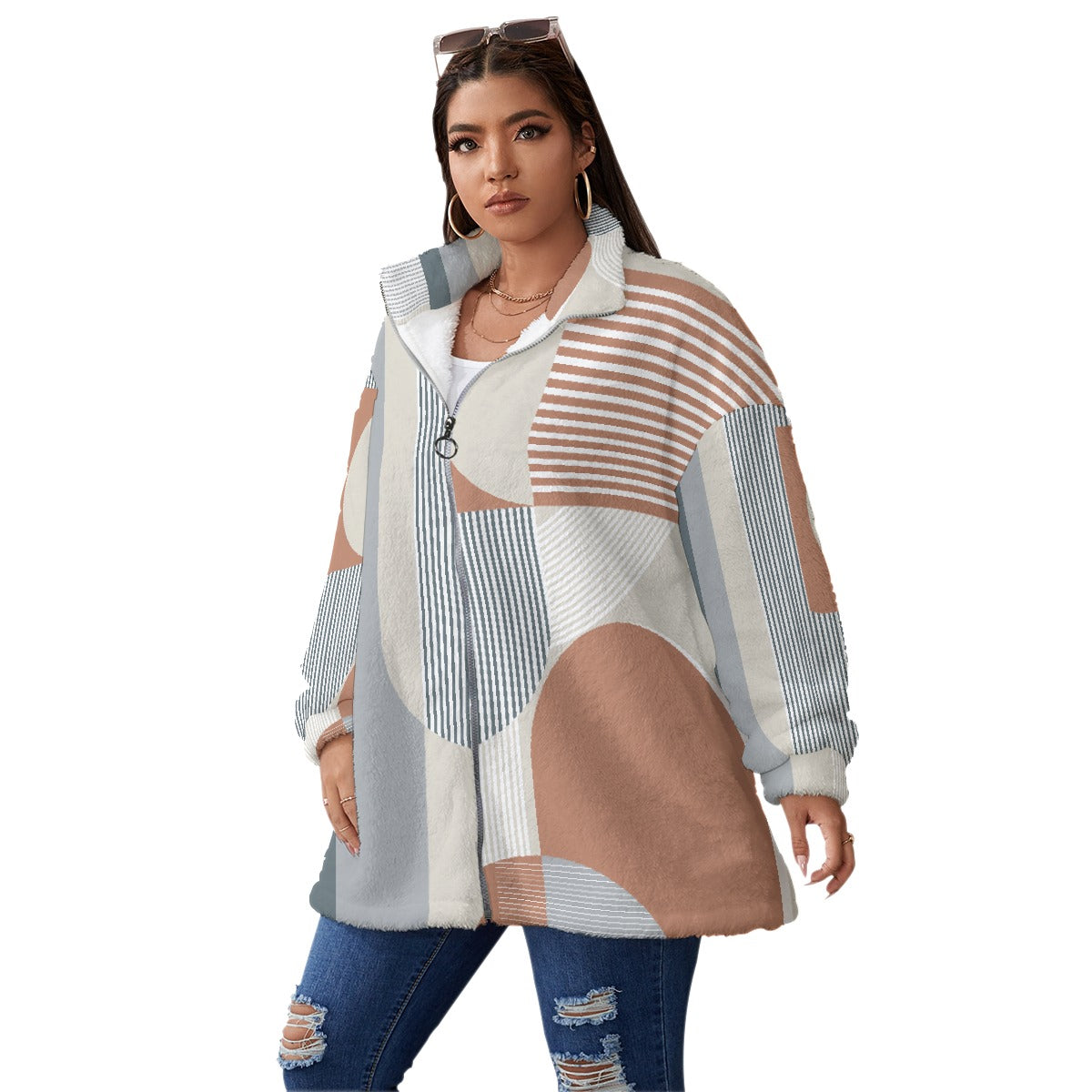 All-Over Print Unisex Borg Fleece Stand-up Collar Coat With Zipper Closure(Plus Size)