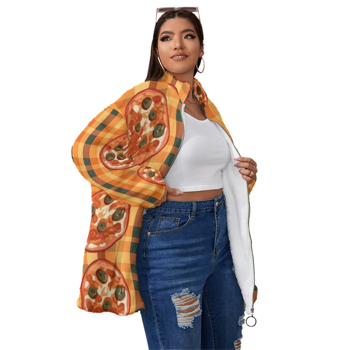 All-Over Print Unisex Borg Fleece Stand-up Collar Coat With Zipper Closure(Plus Size)