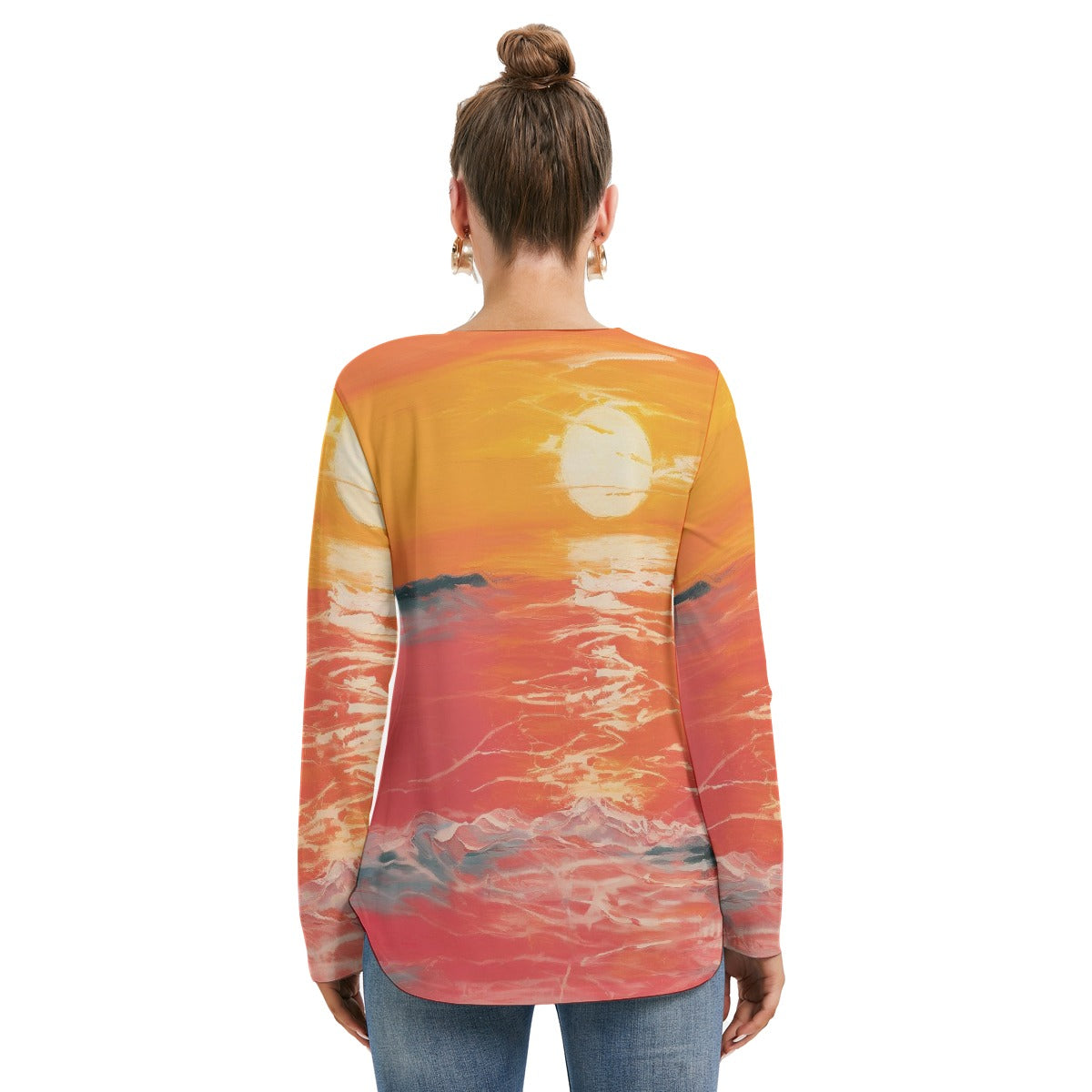 All-Over Print Women's Long Sleeve Neckline Tie Sweatshirt