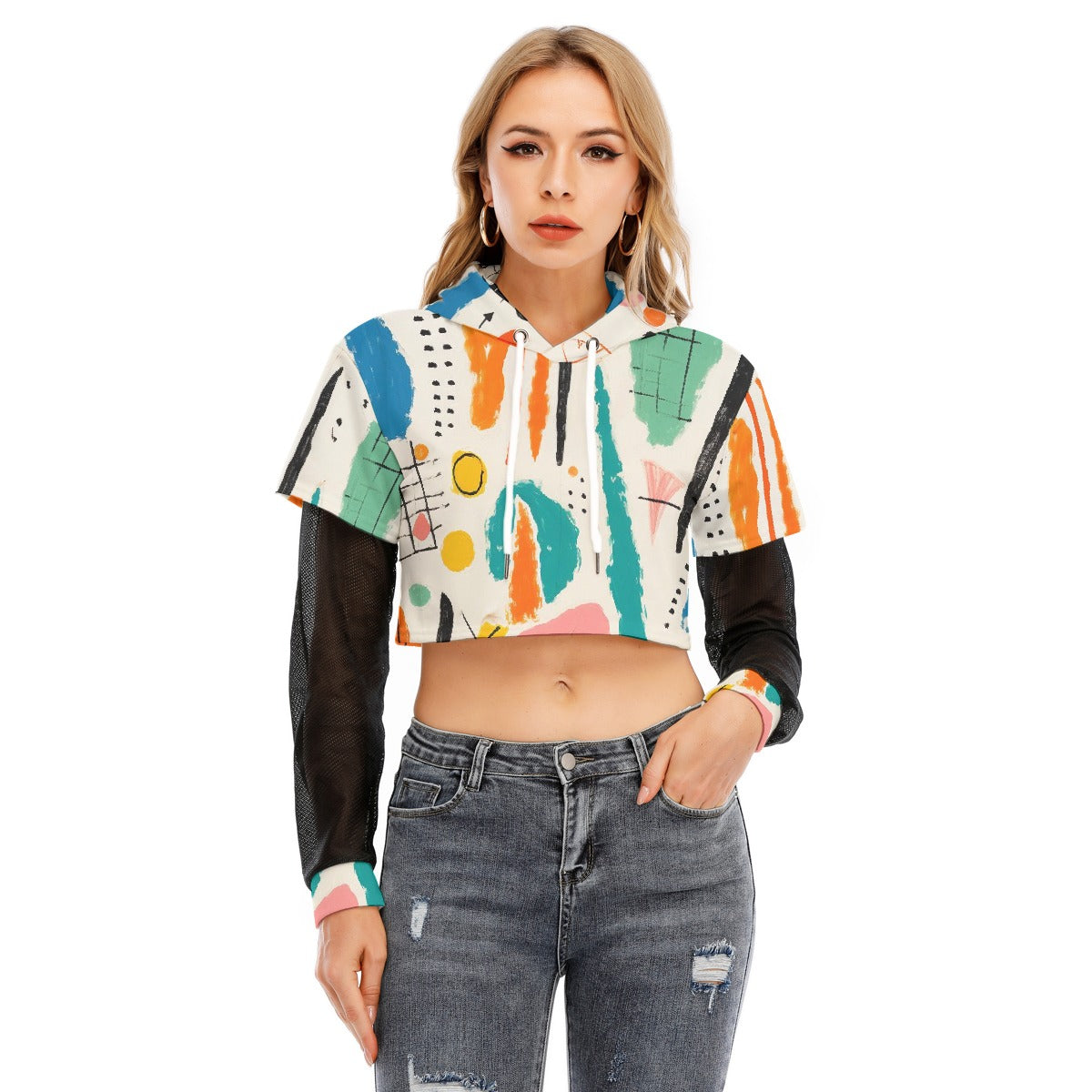 All-Over Print Women's Fake Two-piece Mesh Sleeve Cropped Hoodie