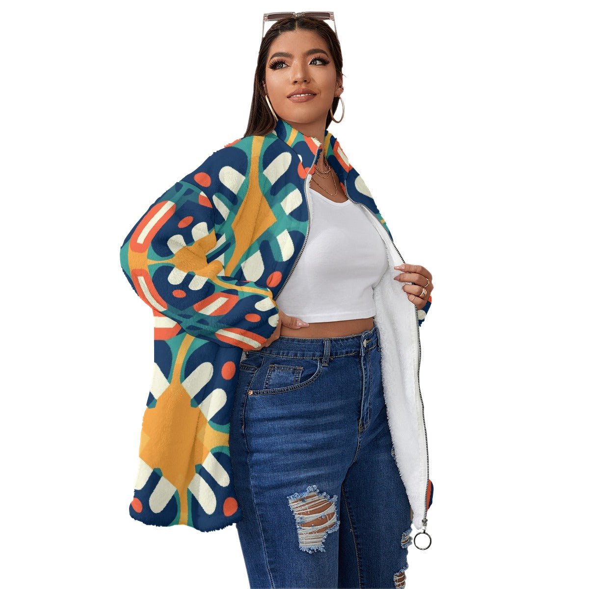 All-Over Print Unisex Borg Fleece Stand-up Collar Coat With Zipper Closure(Plus Size)