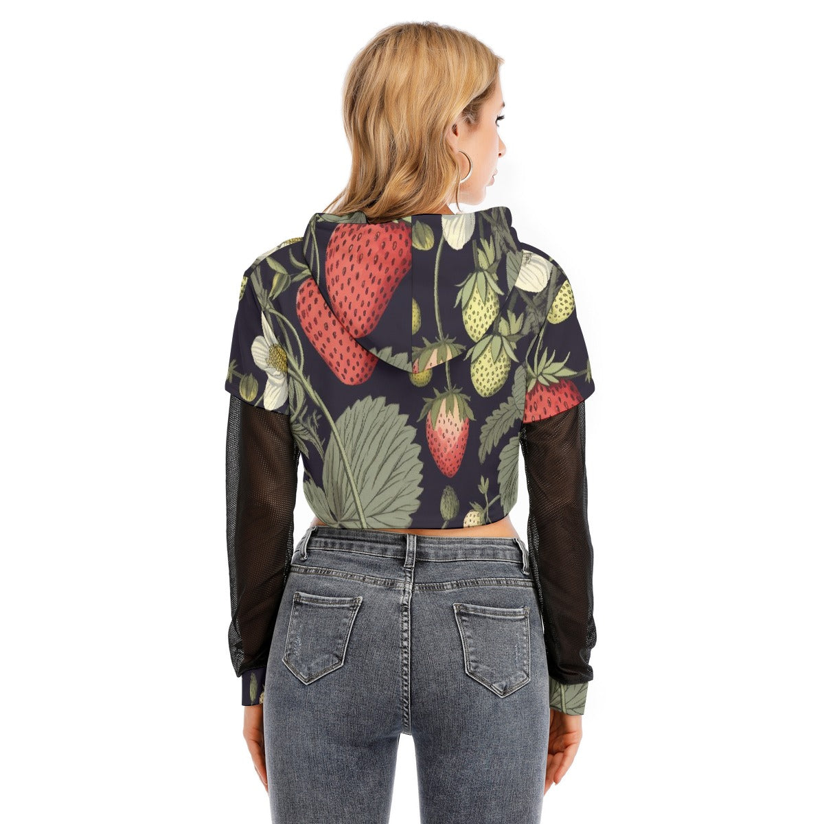 All-Over Print Women's Fake Two-piece Mesh Sleeve Cropped Hoodie
