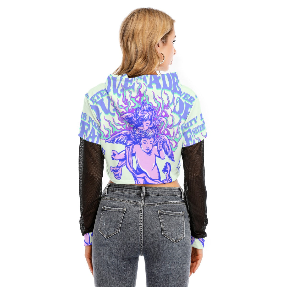 All-Over Print Women's Fake Two-piece Mesh Sleeve Cropped Hoodie