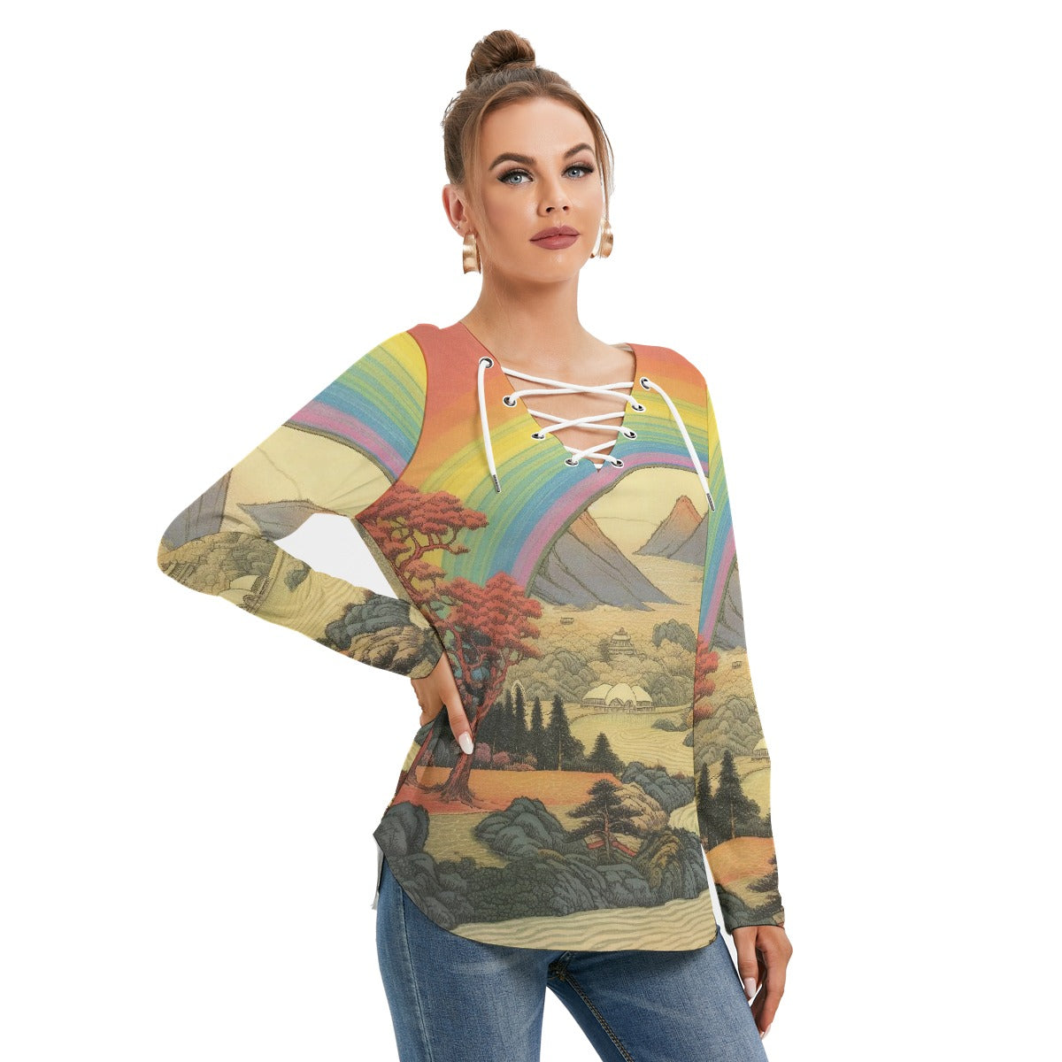 All-Over Print Women's Long Sleeve Neckline Tie Sweatshirt