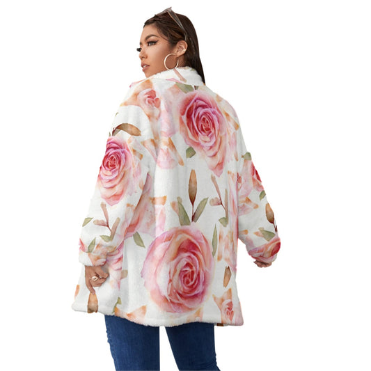 All-Over Print Unisex Borg Fleece Stand-up Collar Coat With Zipper Closure(Plus Size)