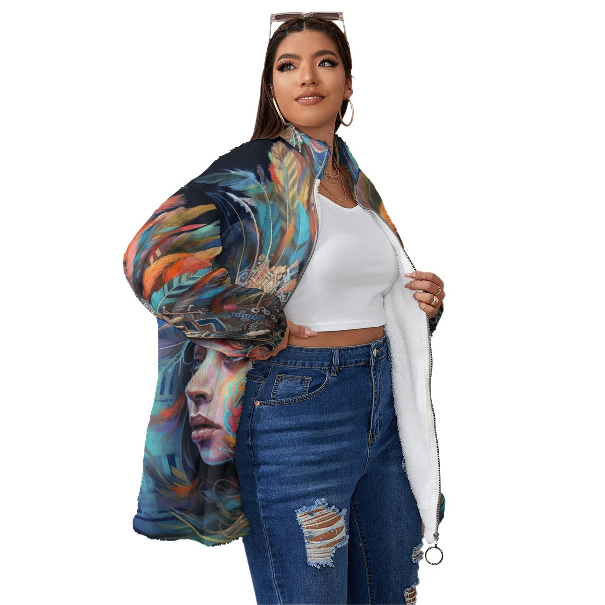 All-Over Print Unisex Borg Fleece Stand-up Collar Coat With Zipper Closure(Plus Size)