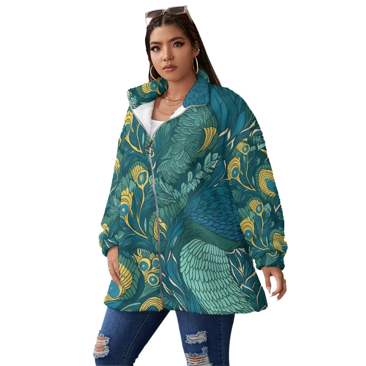 All-Over Print Unisex Borg Fleece Stand-up Collar Coat With Zipper Closure(Plus Size)