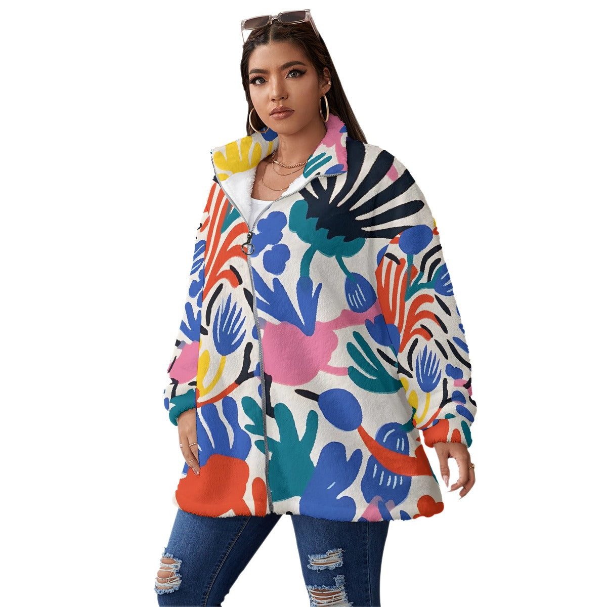 All-Over Print Unisex Borg Fleece Stand-up Collar Coat With Zipper Closure(Plus Size)