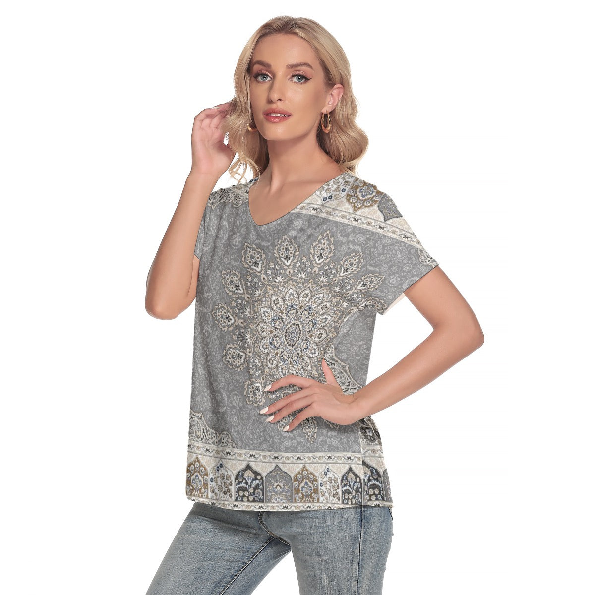 All-Over Print Women's Loose V-neck Short Sleeve T-shirt