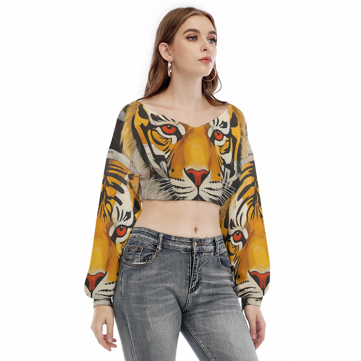 All-Over Print Women's V-neck Long Sleeve Cropped Sweatshirt